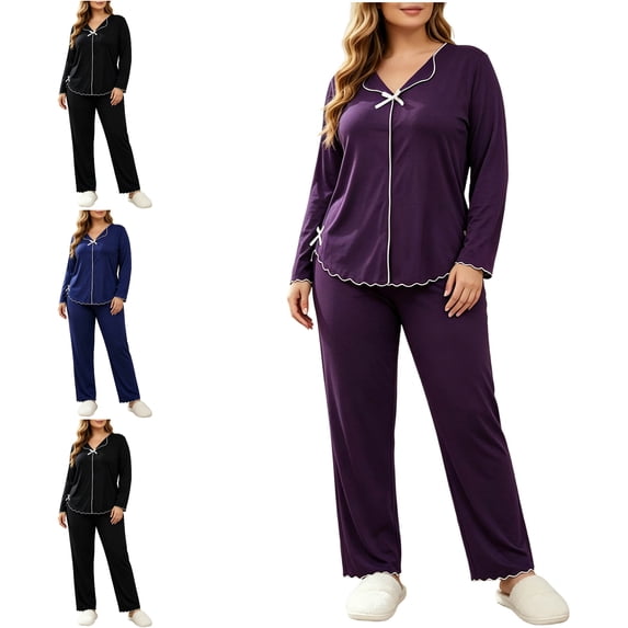 FAHUOMU Pajamas Set For Women Long Sleeve Long Pants 2 Piece Sleepwear Soft Breathable V Neck Lapel Collar Lounge Sets