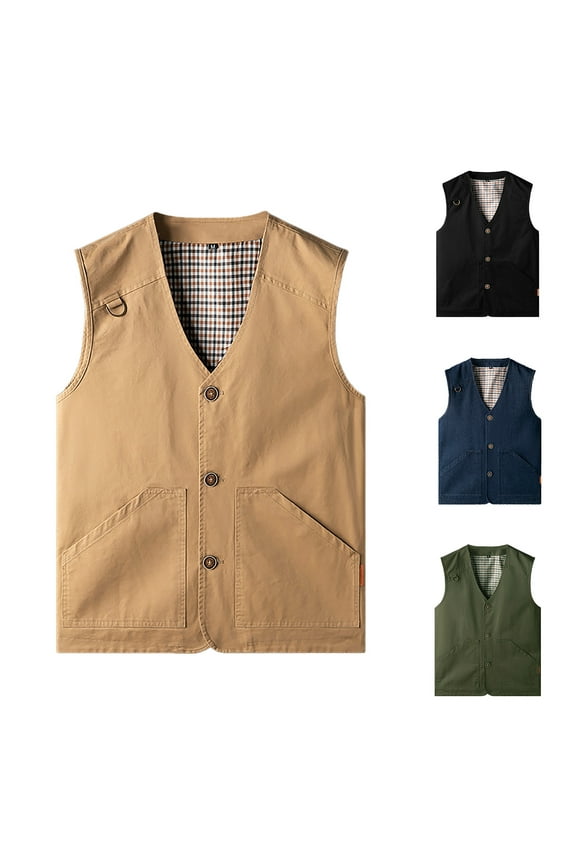 Plus Size Men's Casual Outdoor Travel Vest Denim Cotton Utility Vest Button Up V-Neck Outdoor Work Outerwear With Pockets Waistcoat