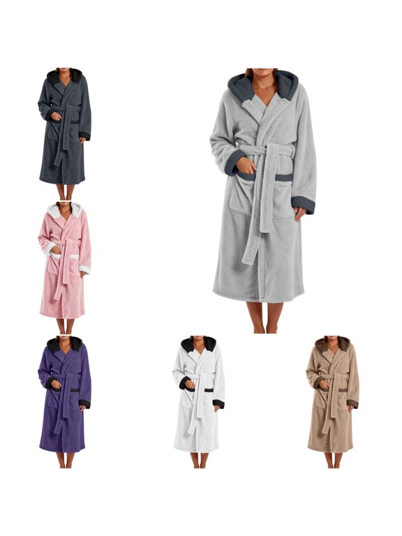 Plush Hooded Robes For Women Cozy Warm Fleece Bath Robe With Pockets Winter Loose Fit Loungewear