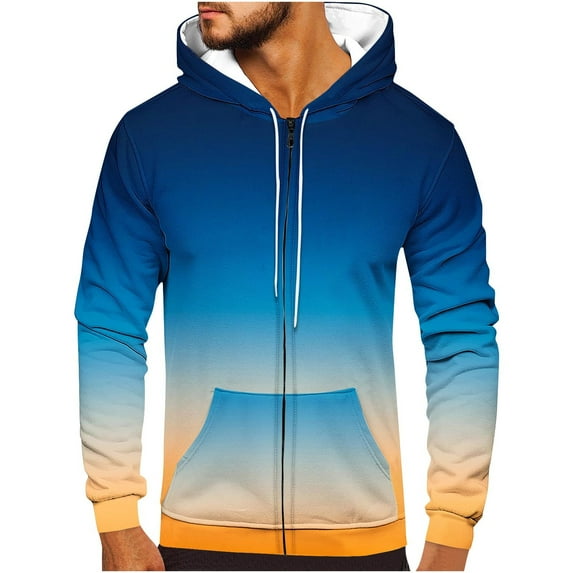 FAHUOMU Sweatshirts for Men Big and Tall Long Sleeve Zipper Drawstring Hooded Pullover Casual Gradient Color Hoodies With Pocket