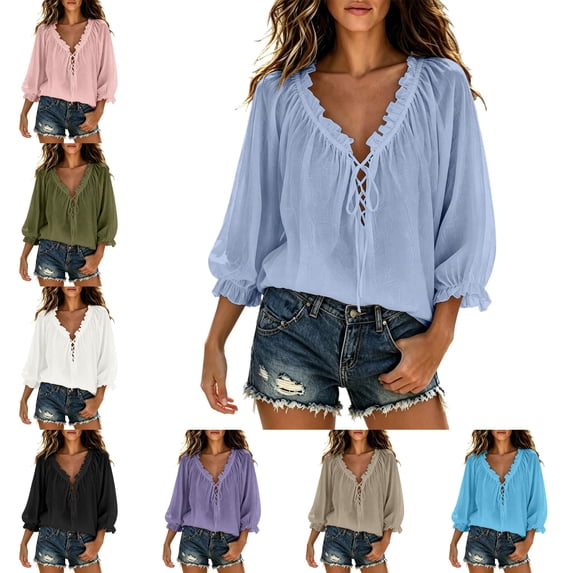 FAHUOMU V Neck Tops for Women Lace Up Oversized Blouses Peasant Sleeve Casual Lightweight Summer Shirts
