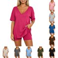 thumbnail image 1 of FAHUOMU Women 2 Piece Summer Lounge Short Set Matching Clothing With Pocket Vacation Travel Outfit Oversized V Neck Top & Loose Fit Shorts, 1 of 7