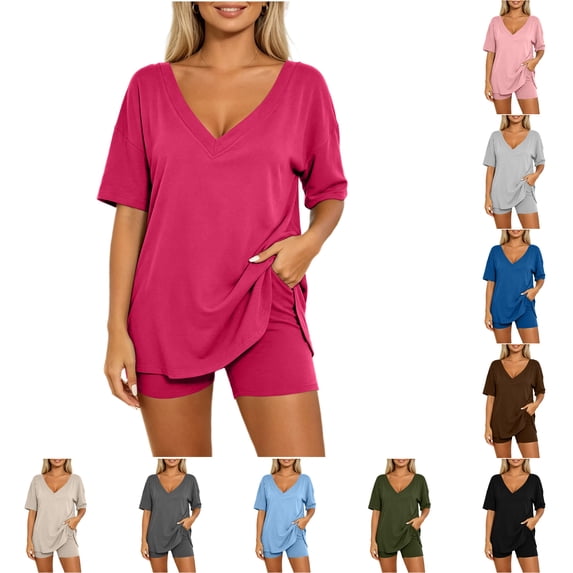 FAHUOMU Women 2 Piece Summer Lounge Short Set Matching Clothing With Pocket Vacation Travel Outfit Oversized V Neck Top & Loose Fit Shorts