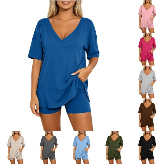 FAHUOMU Women 2 Piece Summer Lounge Short Set Matching Clothing With Pocket Vacation Travel Outfit Oversized V Neck Top & Loose Fit Shorts