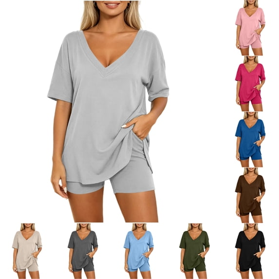 FAHUOMU Women 2 Piece Summer Lounge Short Set Matching Clothing With Pocket Vacation Travel Outfit Oversized V Neck Top & Loose Fit Shorts
