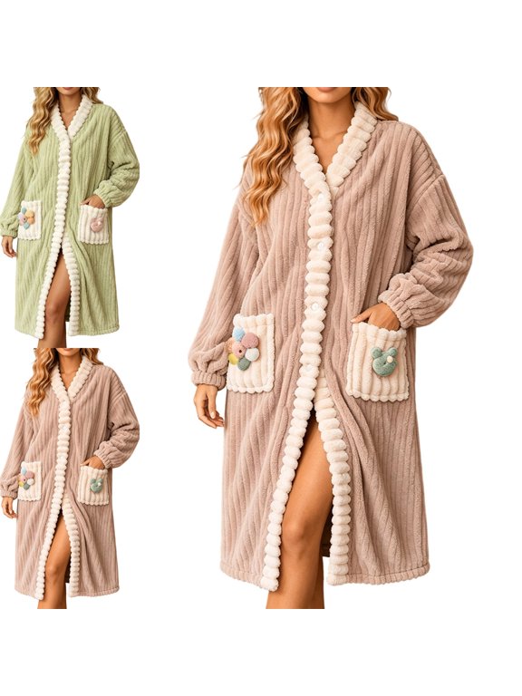 Women Fuzzy Soft Robes Long Sleeve Lightweight Fluffy Button Down Bathrobes Striped Jacquard Housecoat
