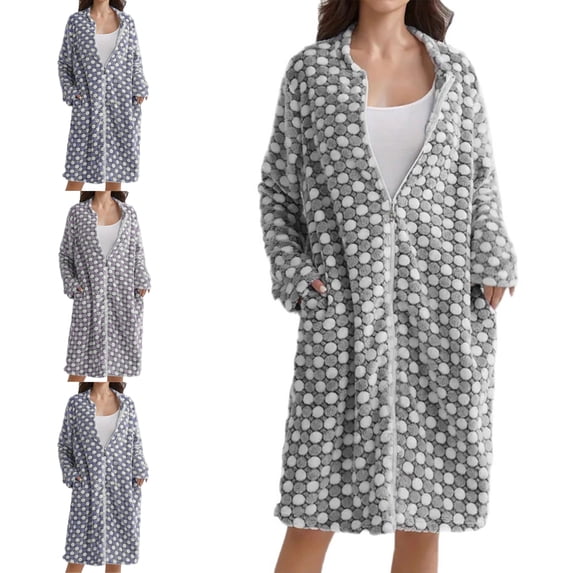 FAHUOMU Women Zip Up Robe Fleece Long Sleeves Flannel Bathrobe Sleepwear Warm Soft Fal Winter Housecoat With Pockets