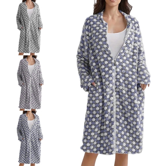 FAHUOMU Women Zip Up Robe Fleece Long Sleeves Flannel Bathrobe Sleepwear Warm Soft Fal Winter Housecoat With Pockets