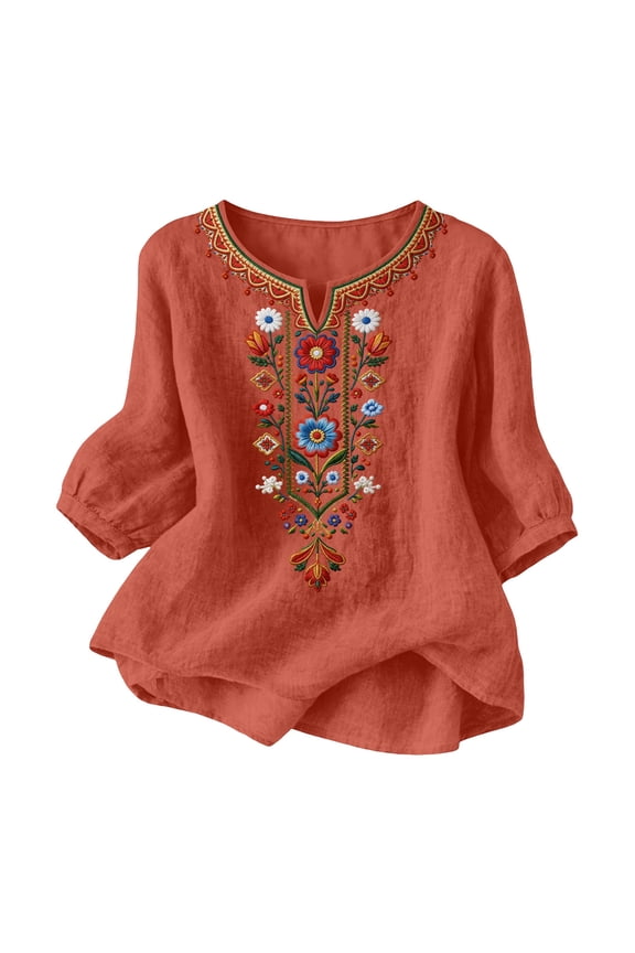 Women's Blouse Tops 3/4 Sleeve V Neck Washed Crinkled Embroidered Cotton Linen Look Shirts Solid Color Lightweight Breathable Fashion Tunics