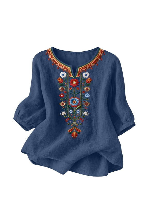 Women's Blouse Tops 3/4 Sleeve V Neck Washed Crinkled Embroidered Cotton Linen Look Shirts Solid Color Lightweight Breathable Fashion Tunics