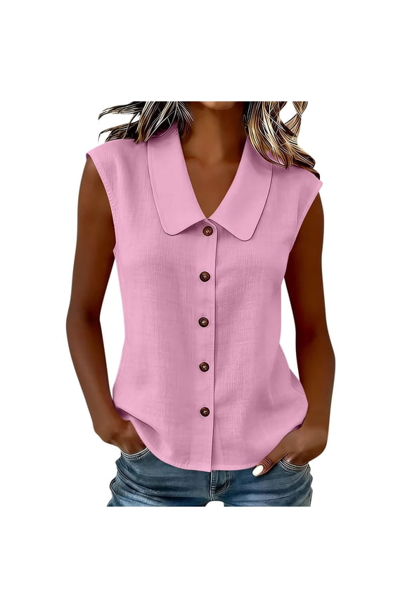 Women's Cardigan Tops Sleeveless Peter Pan Collar Button Front Slub Linen Summer Jackets Solid Color Casual Lightweight Breathable Layering Blouses