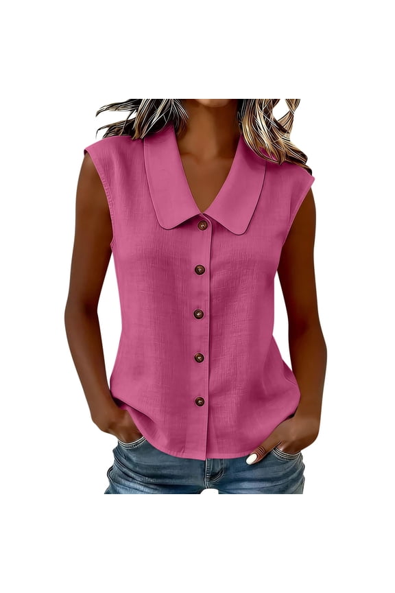 Women's Cardigan Tops Sleeveless Peter Pan Collar Button Front Slub Linen Summer Jackets Solid Color Casual Lightweight Breathable Layering Blouses