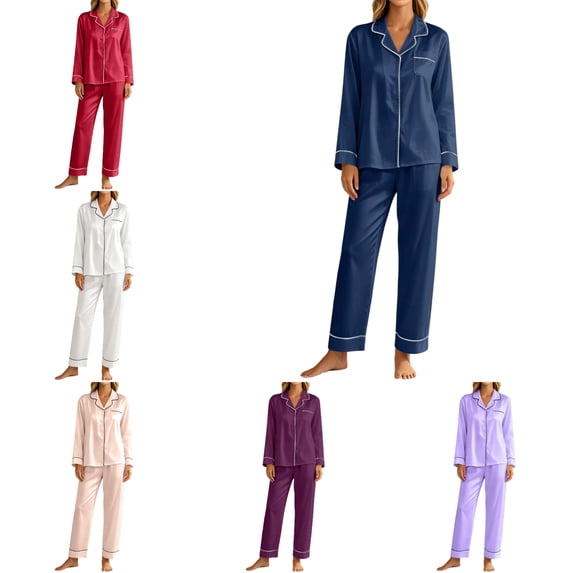 FAHUOMU Women's Classic Pajama Set Long Sleeve Long Pants Lounge Sets Satin Button Down Soft Sleepwear With Chest Pocket