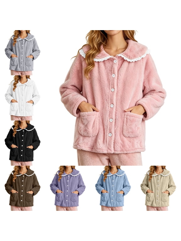Women's Fleece Bed Jacket With Lace Peter Pan Collar Button Sleep Tops Soft Fleece Pajama Tops With Pockets