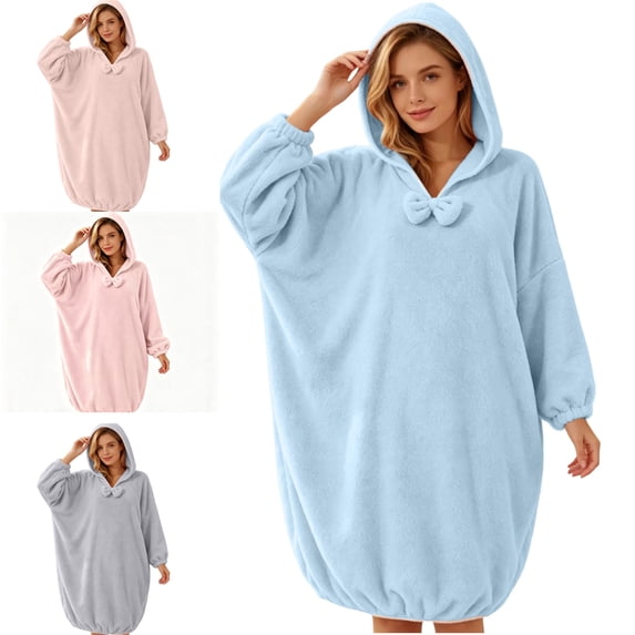 FAHUOMU Women's Fleece Hooded Nightgown Long Sleeve Oversized Night Dress Fuzzy Warm Sleepwear Pajama