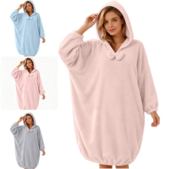 FAHUOMU Women's Fleece Hooded Nightgown Long Sleeve Oversized Night Dress Fuzzy Warm Sleepwear Pajama