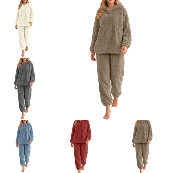 FAHUOMU Women's Fleece Pajama Set Hooded Long Sleeve Pullover Pjs Loose Fit Warm Cozy Winter Sleepwear