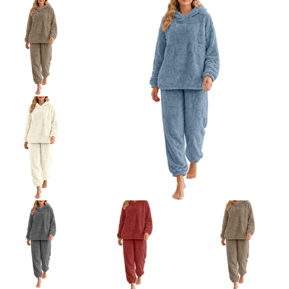 FAHUOMU Women's Fleece Pajama Set Hooded Long Sleeve Pullover Pjs Loose Fit Warm Cozy Winter Sleepwear