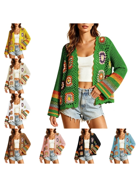 Women's Floral Crochet Cardigan Long Sleeve Open Front Sweater Cardigans Cute Boho Knitted Outerwear For Fall