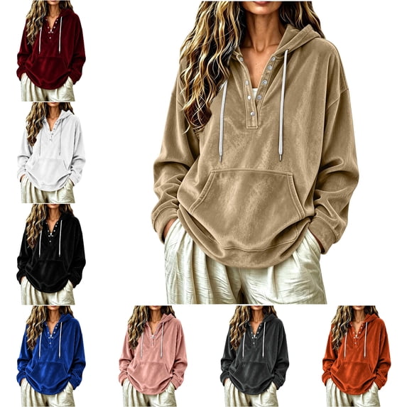 FAHUOMU Women's Half Button Hoodies Long Sleeve Drawstring Oversized Velour Sweatshirts Fashion Fall Winter Jackets with Pockets