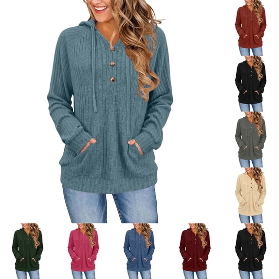 FAHUOMU Women's Half Button Shirt Hooded V Neck Long Sleeve Drawstring Pullover Tops Fall Winter Fashion Warm Clothes With Pockets