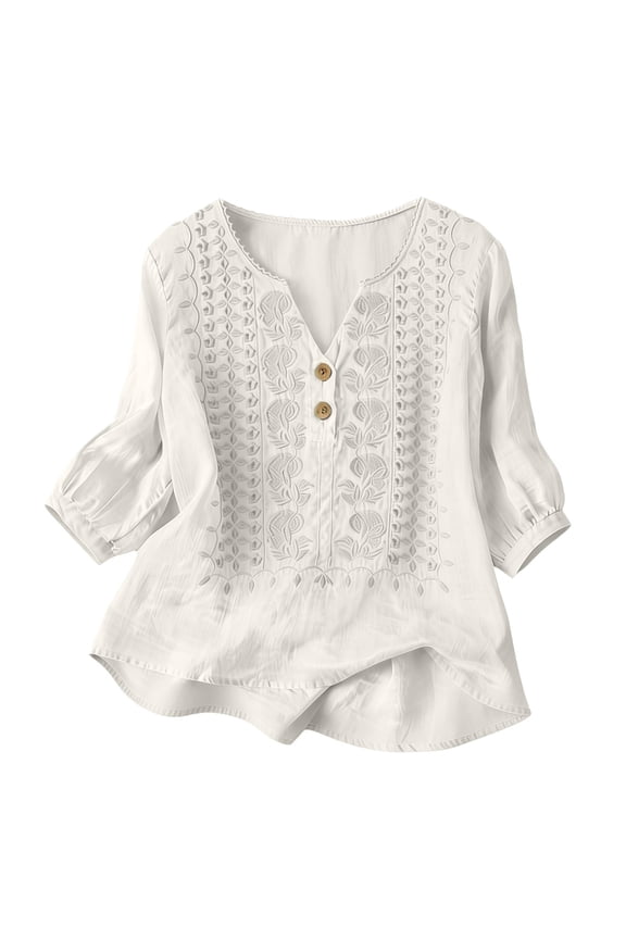 Women's Henley Tops Short Sleeve V Neck Button Front Vintage Embroidered Cotton Linen Look Breathable Summer Shirts Solid Color Lightweight Breathable Casual Tunics