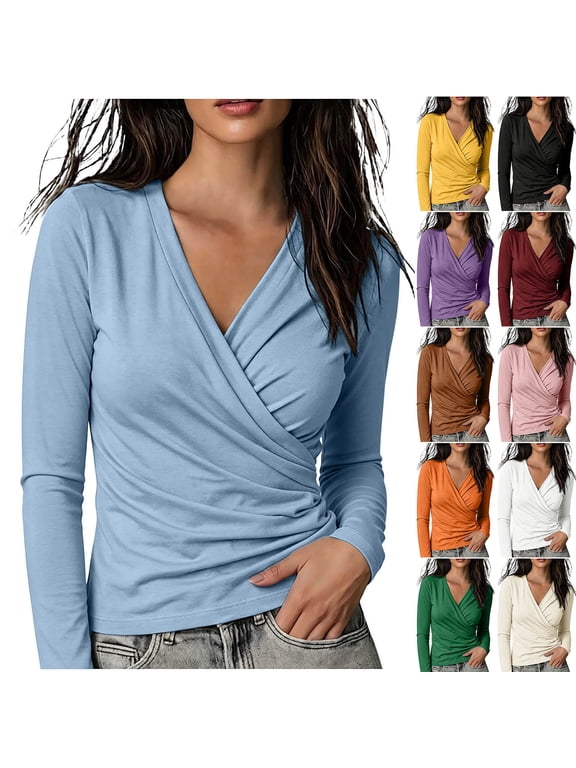 Women's Plus Size Deep V Neck Slim Fitted Long Sleeve T-Shirt Front Wrap Tee Tops For Spring Fall Winter Daily Wear