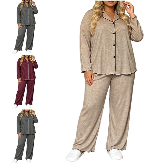 FAHUOMU Women's Plus Size Pajama Set Button Down Long Sleeve Long Pants Lounge Sets V Neck Collared Lightweight Sleepwear