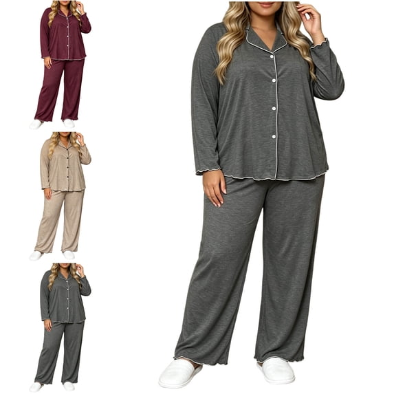 FAHUOMU Women's Plus Size Pajama Set Button Down Long Sleeve Long Pants Lounge Sets V Neck Collared Lightweight Sleepwear