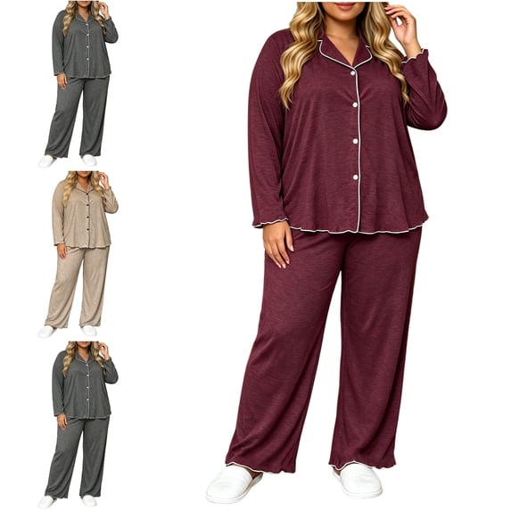 FAHUOMU Women's Plus Size Pajama Set Button Down Long Sleeve Long Pants Lounge Sets V Neck Collared Lightweight Sleepwear