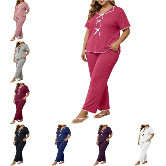 FAHUOMU Women's Plus Size Pajama Sets Short Sleeve Long Pants With Ruffled Trim Bow Front V Neck Elegant Loungewear Cozy Sleepwear