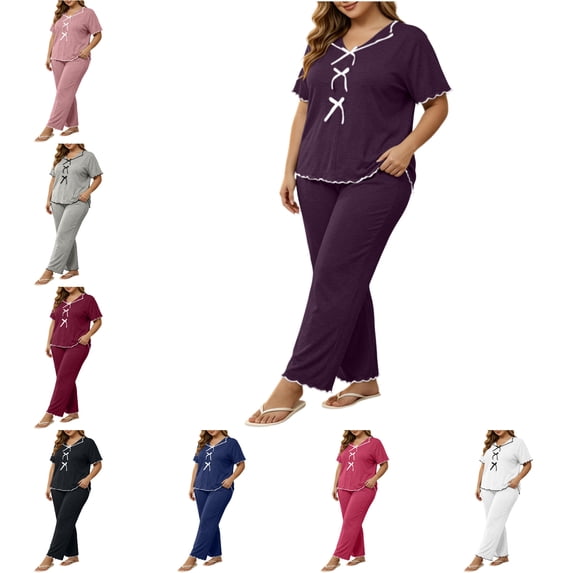 FAHUOMU Women's Plus Size Pajama Sets Short Sleeve Long Pants With Ruffled Trim Bow Front V Neck Elegant Loungewear Cozy Sleepwear