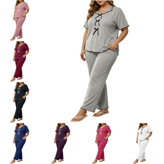 FAHUOMU Women's Plus Size Pajama Sets Short Sleeve Long Pants With Ruffled Trim Bow Front V Neck Elegant Loungewear Cozy Sleepwear