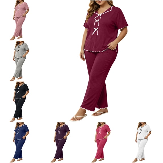 FAHUOMU Women's Plus Size Pajama Sets Short Sleeve Long Pants With Ruffled Trim Bow Front V Neck Elegant Loungewear Cozy Sleepwear