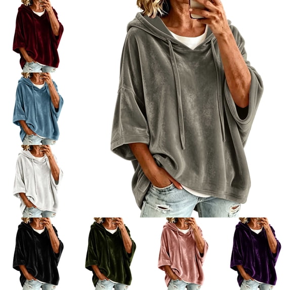 FAHUOMU Women's Pullover Hoodies Three Quarter Sleeve Drawstring Velour Tops Casual Loose Fit Warm Fall Winter Clothes