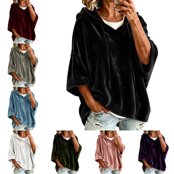 FAHUOMU Women's Pullover Hoodies Three Quarter Sleeve Drawstring Velour Tops Casual Loose Fit Warm Fall Winter Clothes