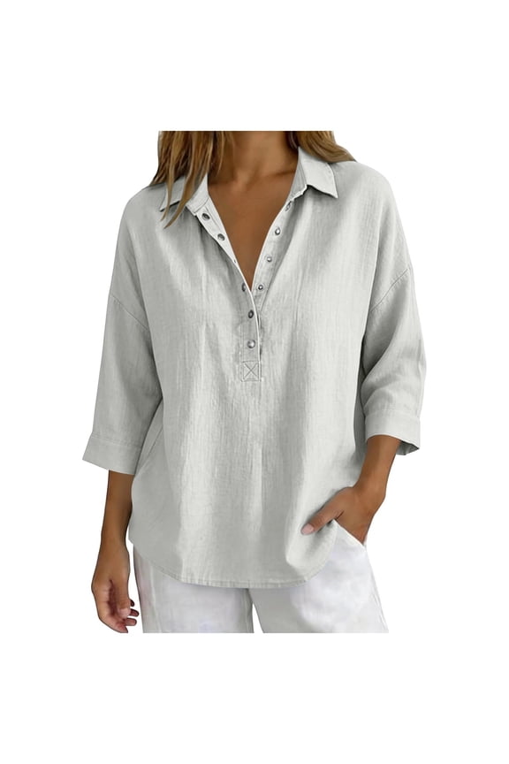 Women's Shirt Tops 3/4 Sleeve Collared Button Snap V Neck Cotton Linen Summer Blouses Solid Color Lightweight Breathable Casual Tunics