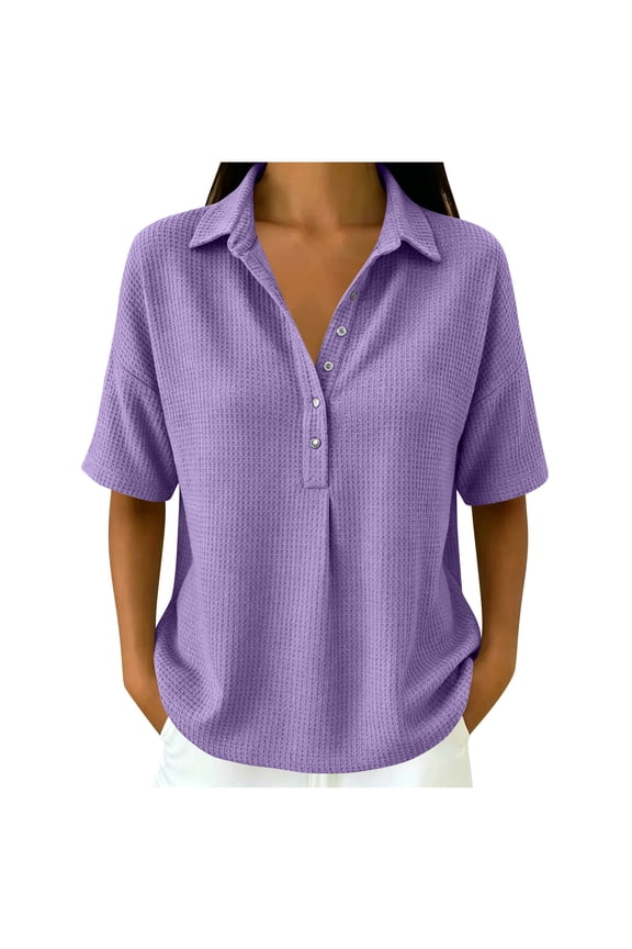 Women's Shirt Tops Short Sleeve Collared Button Snap V Neck Waffle Knit Summer Blouses Solid Color Lightweight Breathable Casual Tunics