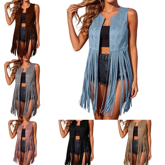 FAHUOMU Women's Sleeveless Fringe Vest Faux Suede Cardigan Long Causal Concert Tassel Jacket Open Front