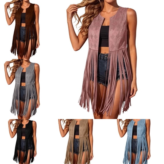 FAHUOMU Women's Sleeveless Fringe Vest Faux Suede Cardigan Long Causal Concert Tassel Jacket Open Front