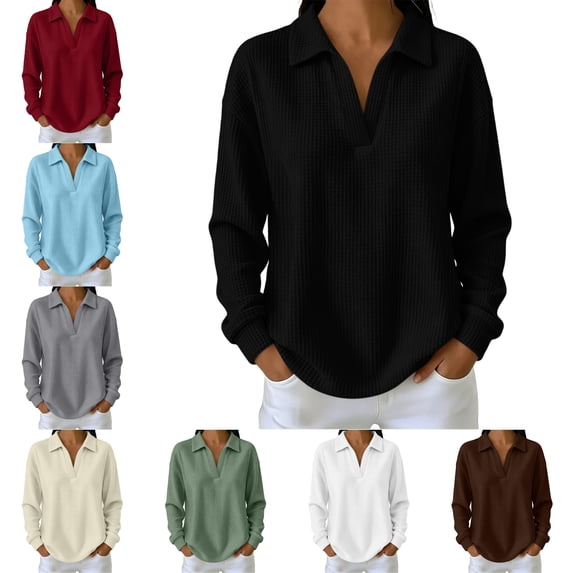 FAHUOMU Women's Waffle Knit Top Long Sleeve V Neck Shirts Soft Lightweight Collared Outfits Casual Fall Fashion Blouses
