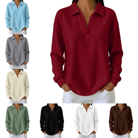FAHUOMU Women's Waffle Knit Top Long Sleeve V Neck Shirts Soft Lightweight Collared Outfits Casual Fall Fashion Blouses