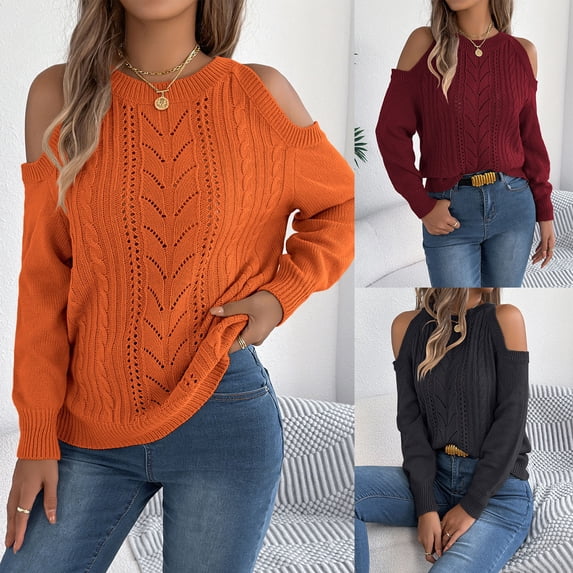 FAHUOMU Womens Cold Shoulder Crewneck Sweaters Long Sleeve Loose Fit Soft Cable Knit Jumper Tops Sexy Fashion Fall Winter Clothing