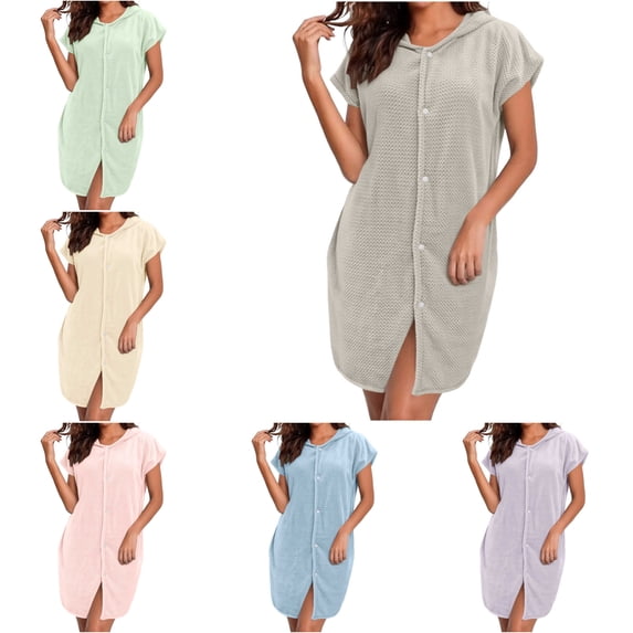 FAHUOMU Womens Coral Fleece Robe Hooded Short Sleeve Snap Front Robe Knee Length Loose Fit Summer Loungewear For Travel