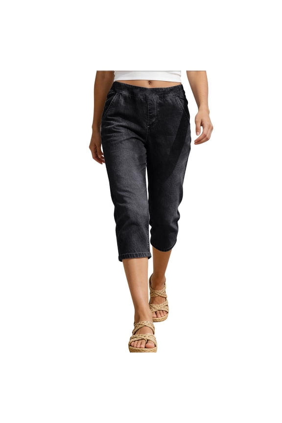 Womens Denim Pants Low Waist 7 Inch Inseam Summer Casual Hiking Bottoms Solid Color Regular Fit Pants with Pockets
