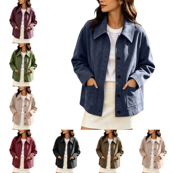 FAHUOMU Womens Faux Suede Jackets Plus Size Button Down Long Sleeve Collared Shackets Trendy Fall Causal Clothes With Pockets