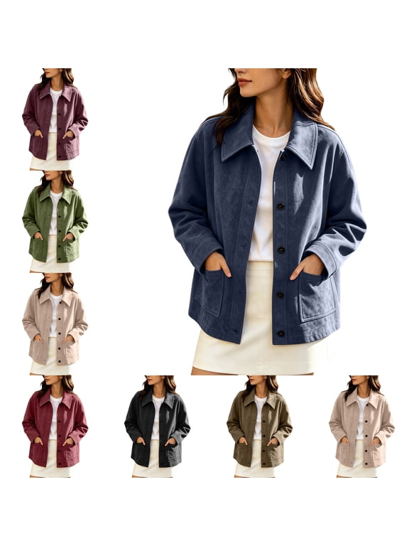 Womens Faux Suede Jackets Plus Size Button Down Long Sleeve Collared Shackets Trendy Fall Causal Clothes With Pockets
