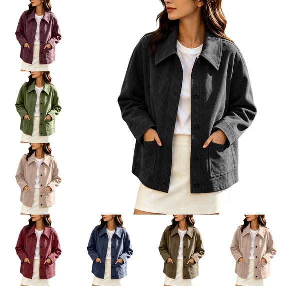 FAHUOMU Womens Faux Suede Jackets Plus Size Button Down Long Sleeve Collared Shackets Trendy Fall Causal Clothes With Pockets