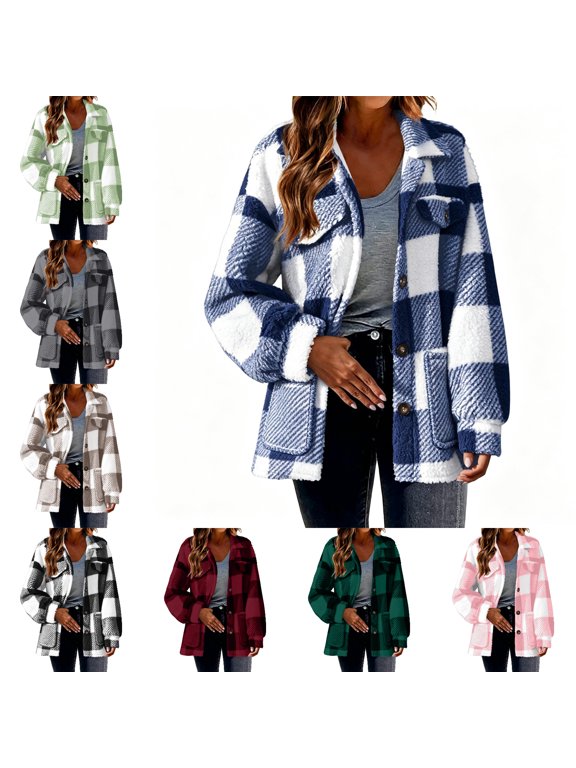 Womens Fleece Button Up Jacket Loose Fit Collared Sherpa Fuzzy Shackets Warm Teddy Outerwear With Pockets