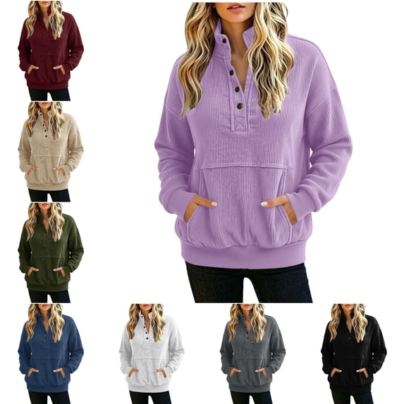 FAHUOMU Womens Half Button Shirts Long Sleeve Corduroy Pullover Collared Oversized Fall Winter Fashion Warm Tops With Pockets
